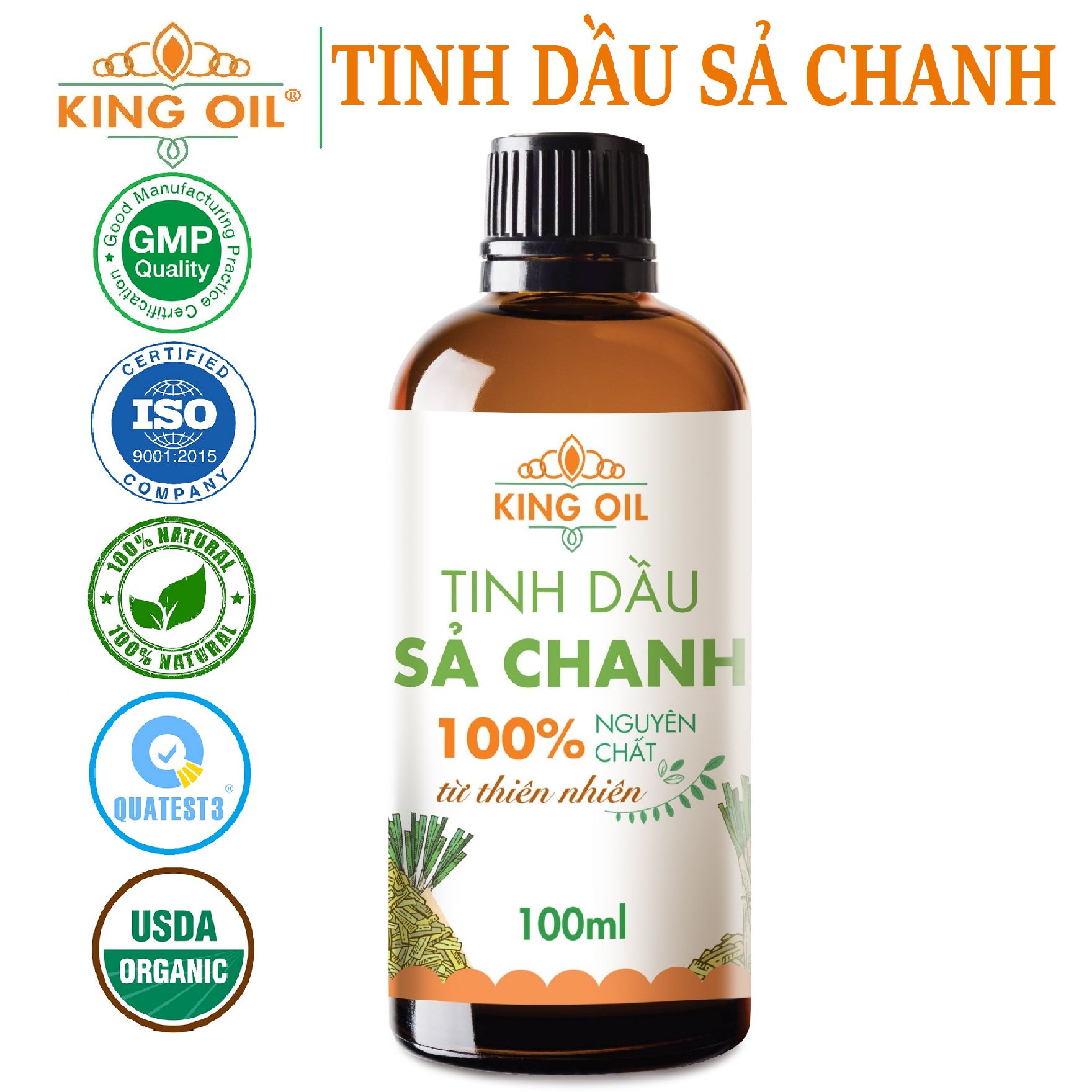 Tinh dầu Sả Chanh 100ml xuất khẩu thị trường Mỹ, nguyên chất từ thiên nhiên, xông phòng, thơm phòng, thư giản, đuổi muỗi, khử khuẩn - KingOil