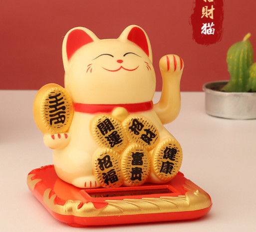 Mèo thần tài vẫy tay năng lượng mặt trời may mắn đính miếng vàng tài lộc phú quý an khang thịnh vượng phát tài như ý (Vàng)