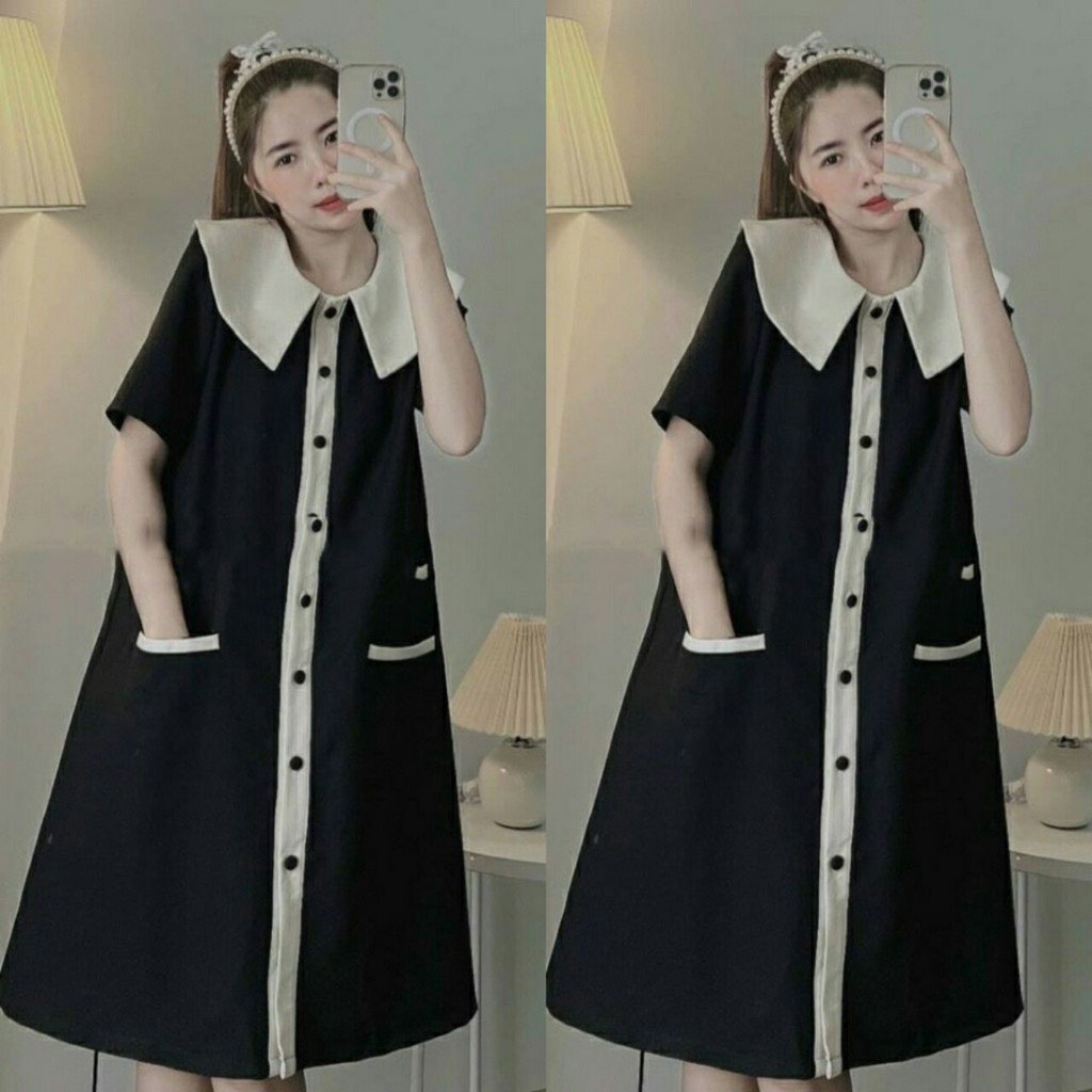 Váy v39, đầm suông cổ sen cúc dọc hai túi chất đũi mát