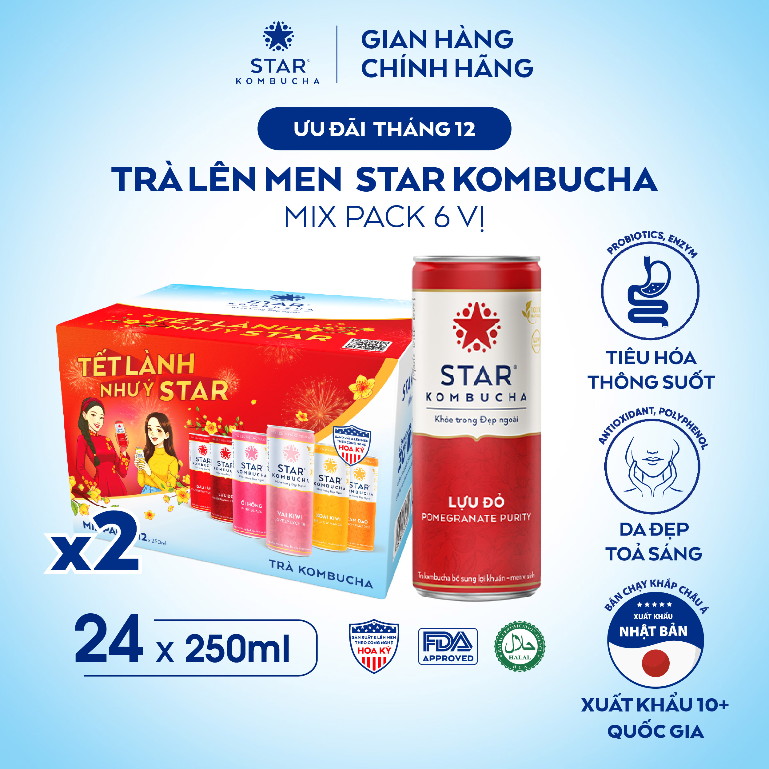  Combo 2 thùng 12 lon trà STAR KOMBUCHA mix 6 vị Tết  250ml lon  - Trà lên men vi sinh chứa probiotics giúp bảo vệ sức khỏe 
