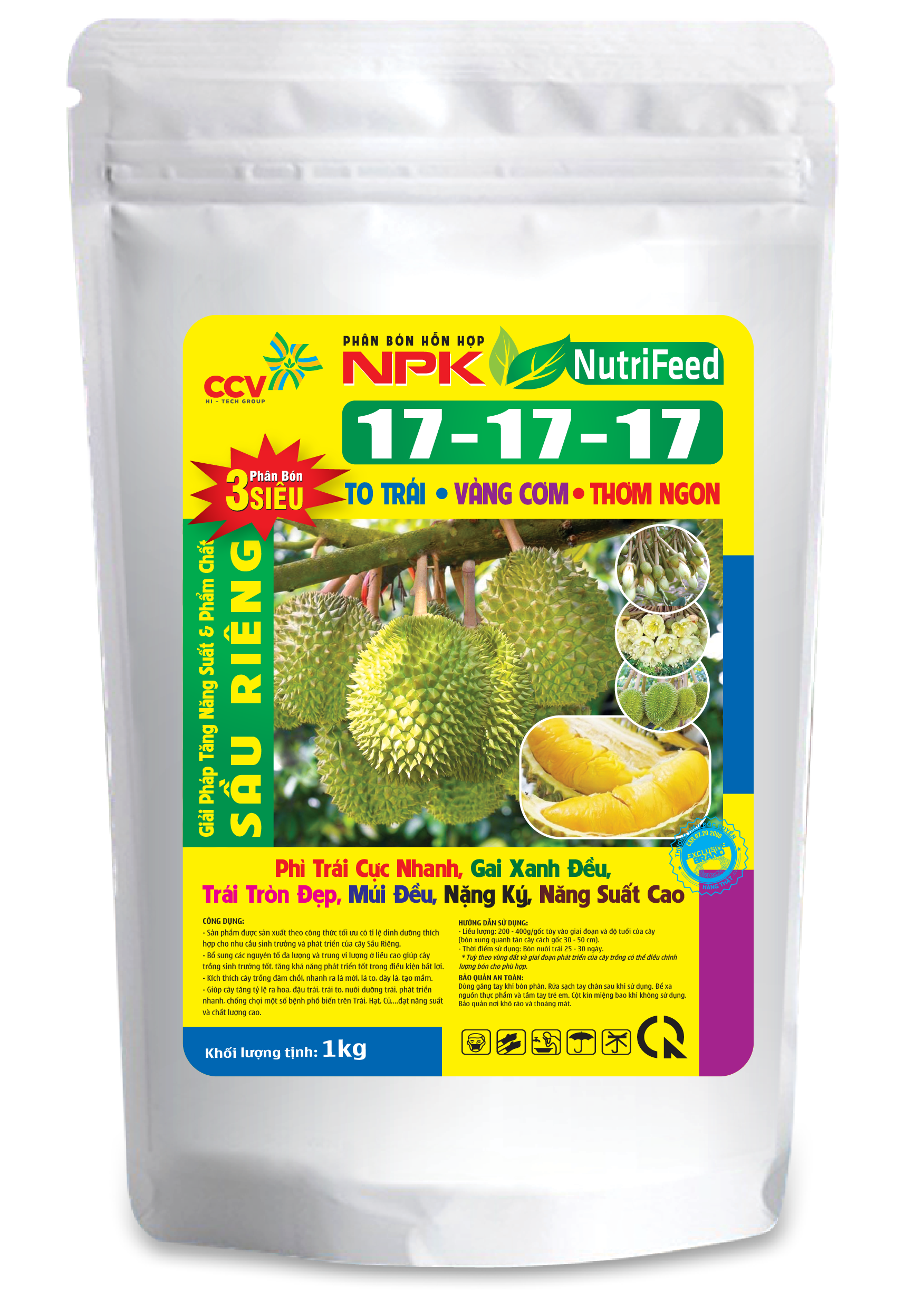 Phân bón chuyên dùng cho cây Sầu Riêng, giúp trái to, gai xanh tròn đẹp, múi lớn NPK 17-17-17+TE NutriTech PVI