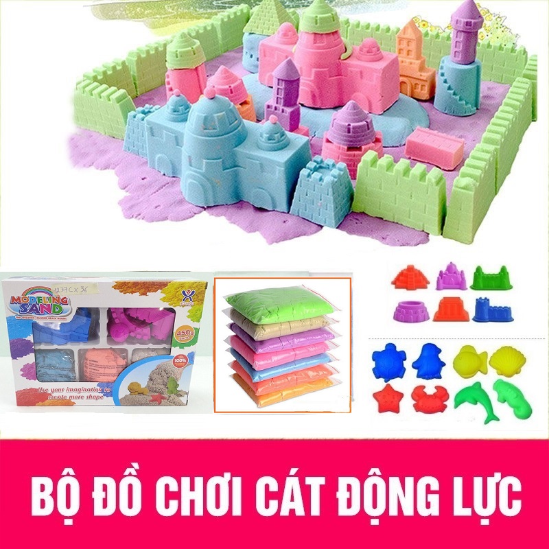 [HCM]Hộp đồ chơi cát nặn cát động lực cho bé gồm 2 bịch cát lớn và khuôn tạo hình lâu đài cùng nhiều mẫu kèm theo