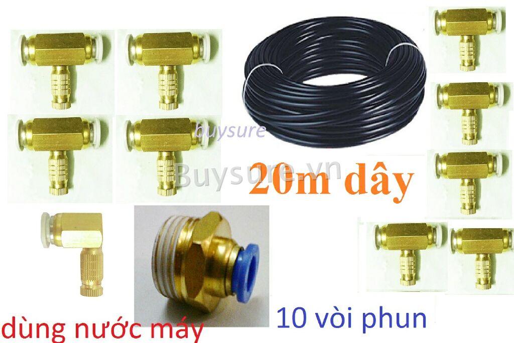 Bộ 10 béc phun sương + 20m dây đl dùng nước máy + ren 21/8
