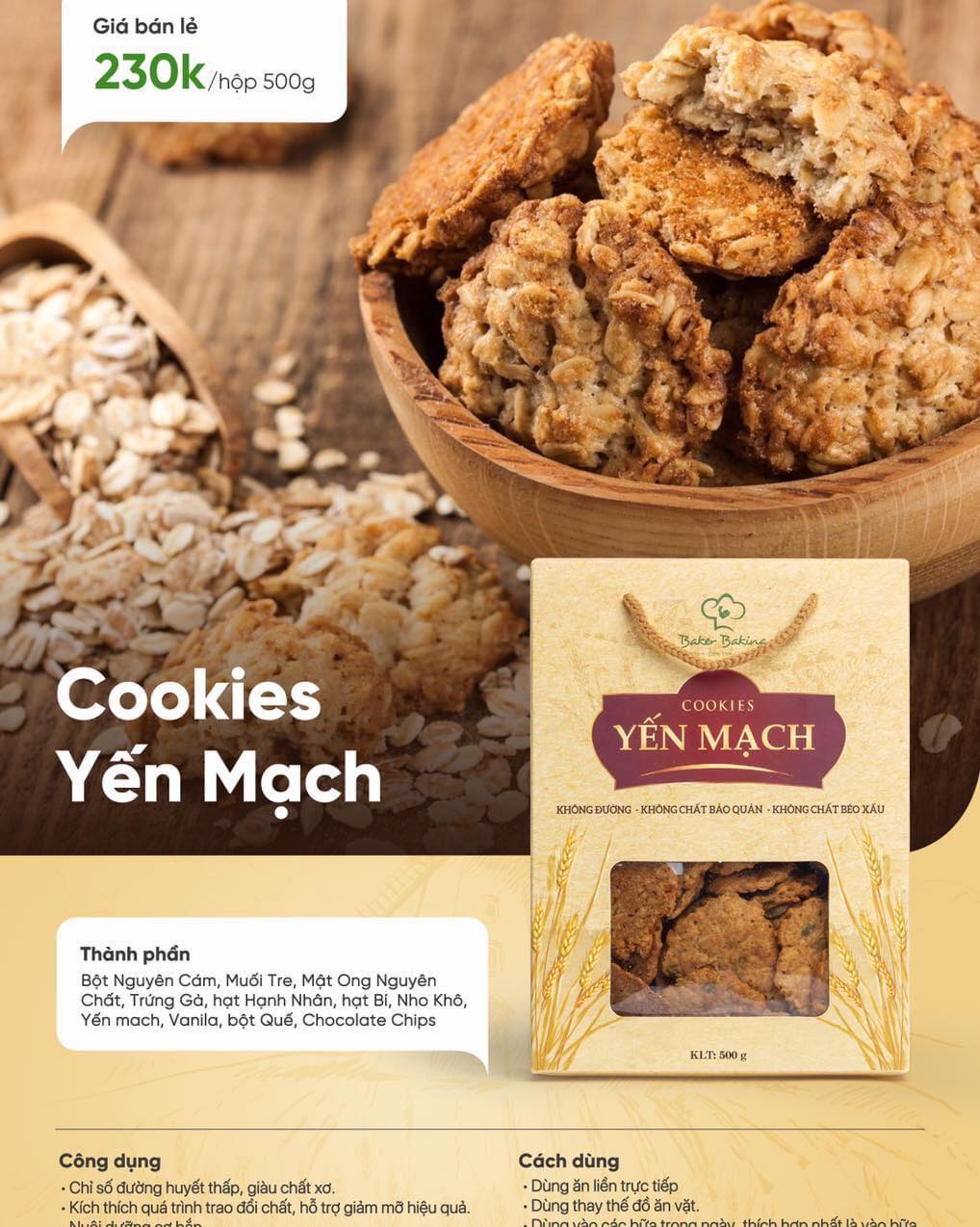 [HCM][Baker Baking] Bánh yến mạch ngũ cốc nguyên cám giảm cân cookies yến mạch ít calo không đường