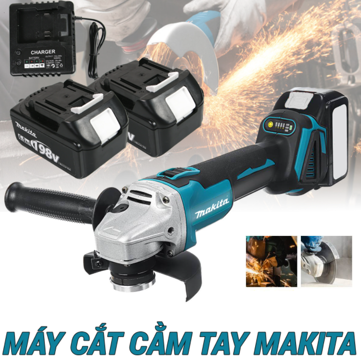 Máy Mài Cắt Makita 198V – Máy mài góc, máy cắt cầm tay dùng pin –2 pin 15 cell 1 sạc–Đầu 110mm–3 chế độ-Động cơ không chổi than, chuyên dùng để mài góc, cắt sắt, cắt gỗ, cắt gạch trong gia đình hoặc công trình XD.