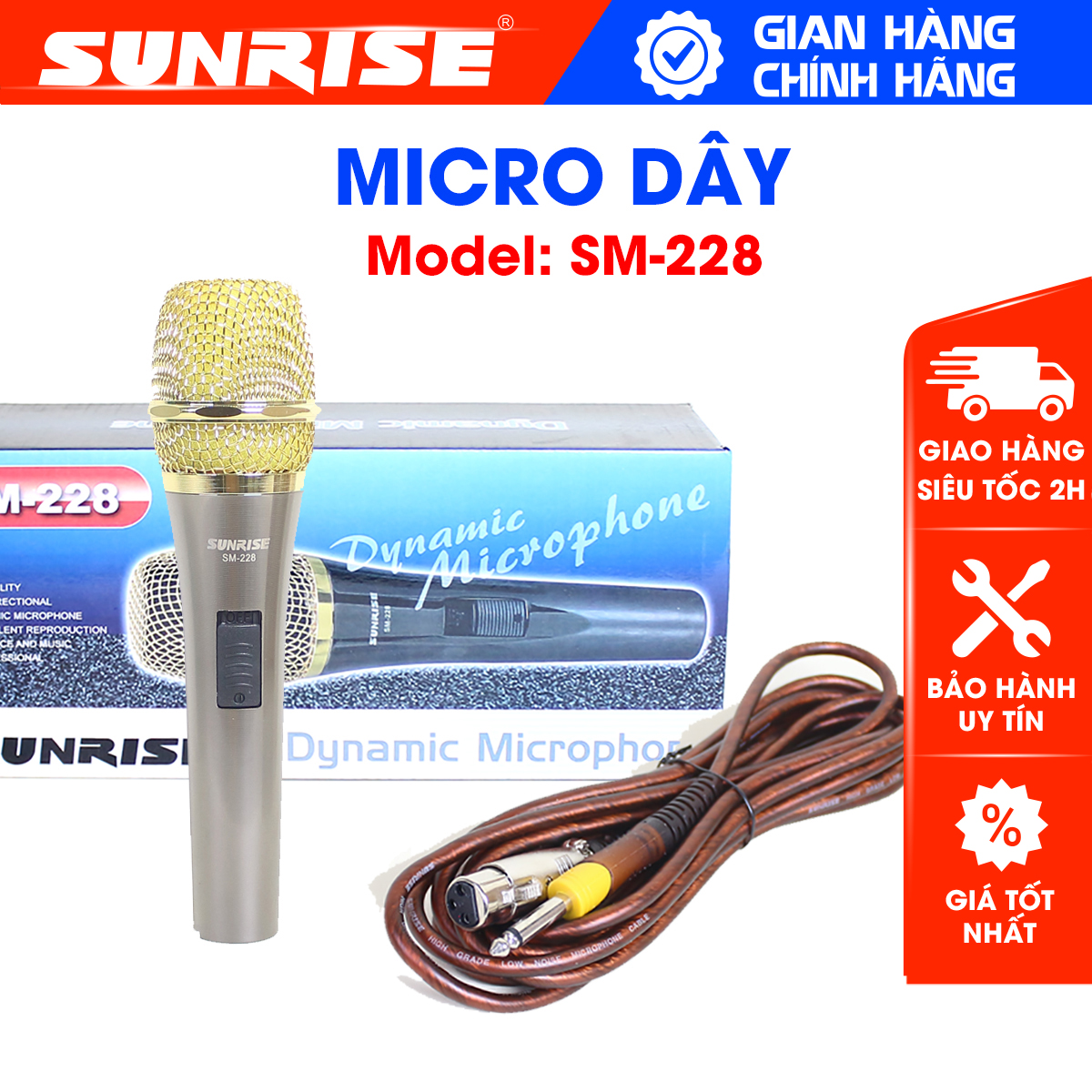 Micro karaoke có dây chính hãng Sunrise SM-228 đầu mic chất lượng cao, thân kim loại kèm dây zin dài 8m chống gãy bền bỉ, sang trọng