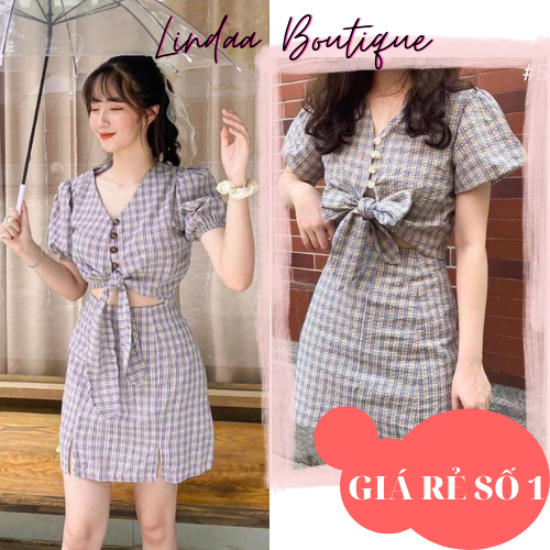 Đầm dạo phố set caro nơ dễ thương