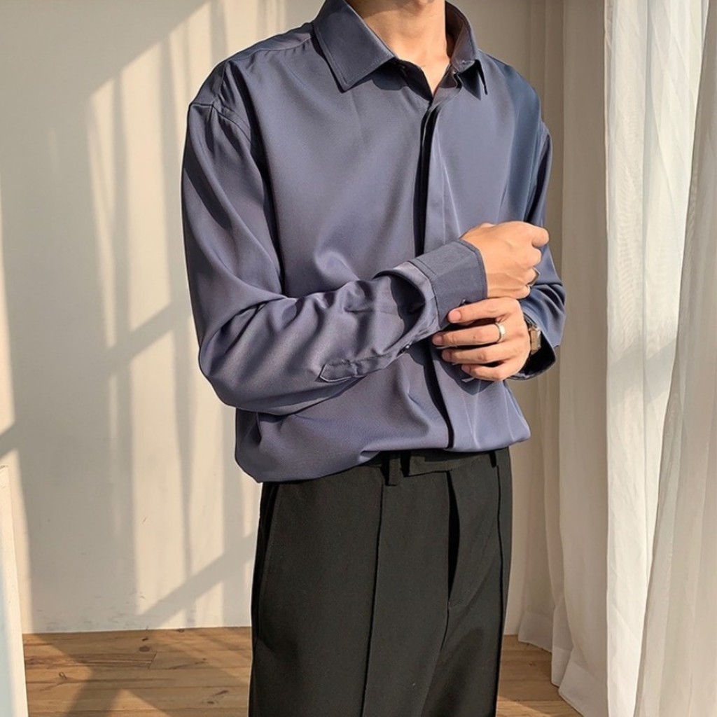 Áo sơ mi nam form rộng dấu khuy tinh tế kiểu hàn quốc, Gấp hộp siêu xịn