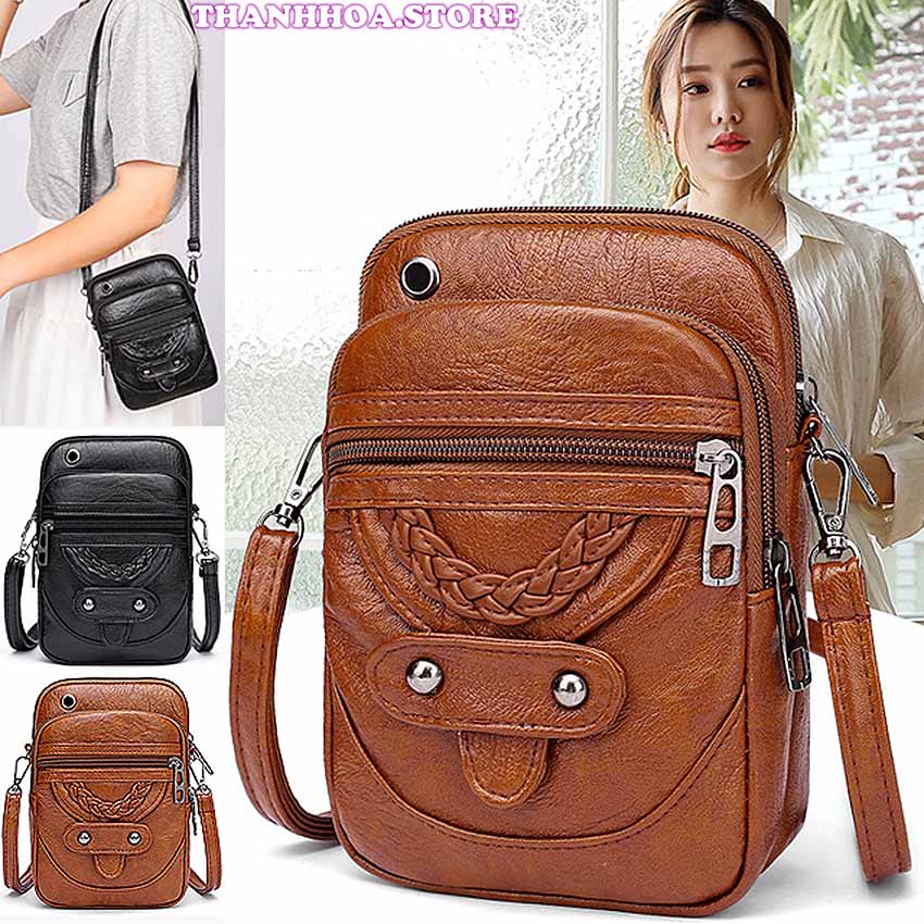 Túi đeo chéo nữ mini nhỏ xinh, cá tính, dễ thương nhiều ngăn đựng điện thoại, da chống nước, thời trang Hàn Quốc đi chơi đẹp, cute, giá rẻ (màu đen, nâu) - Túi đeo chéo nữ - Tui deo cheo nu [thanhhoa.store]