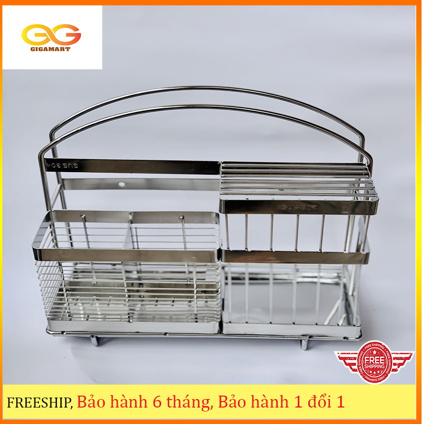 Kệ cài dao, cài thớt, cắm đũa đôi inox 304 có khay hứng nước cao cấp- Gigamart