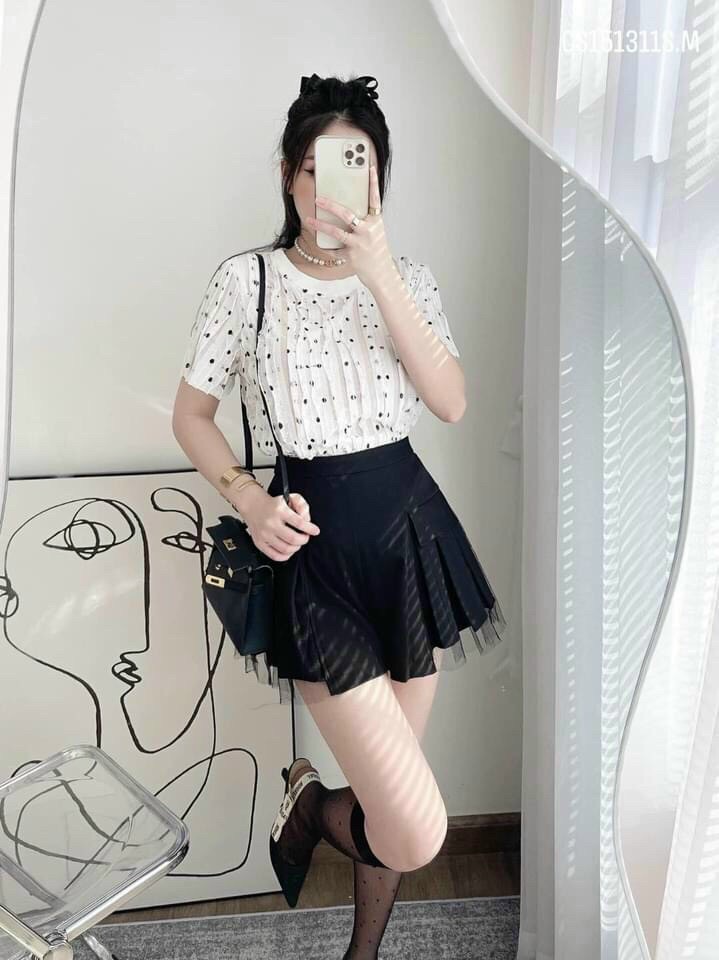 Chân váy xếp ly phối lưới dưới 52kg, có khóa kéo đằng sau/ Chân váy ngắn xòe hai màu trắng, đen