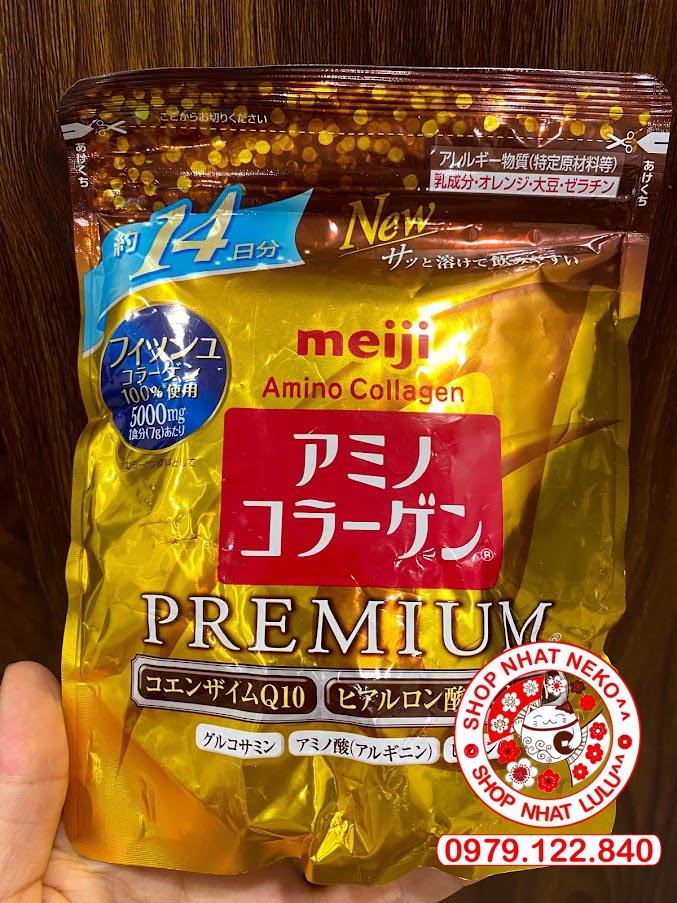 Bột Collagen meiji premium 5000mg màu vàng dạng túi gói 98g Nhật bản