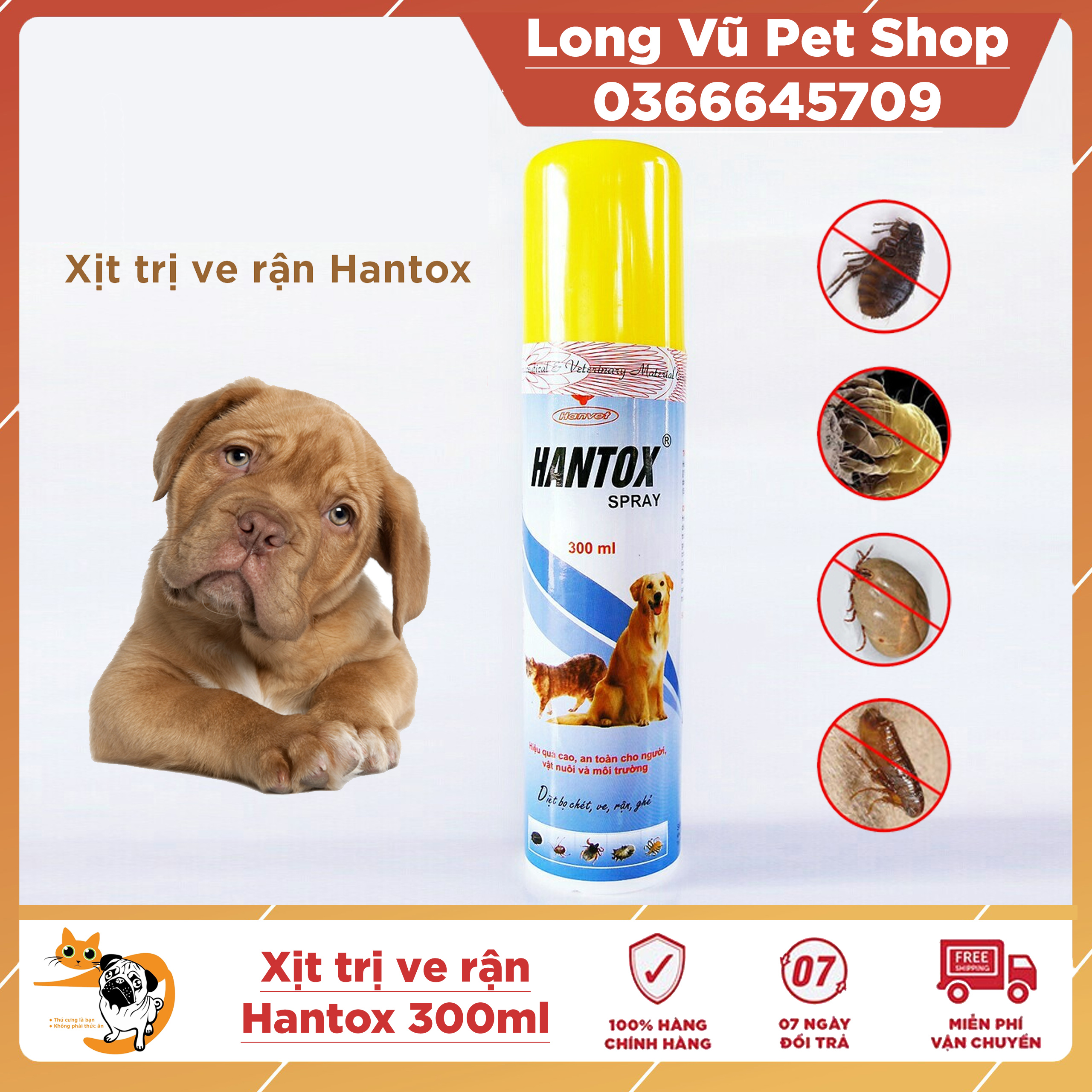 Chai xịt diệt ve rận, bọ chét, ký sinh trùng cho chó mèo Hantox spray 300ml thuốc trị ve cho chó có thể xịt phòng, chỗ ở, chuồng, cũi Others Ngáo và Gâu Đần