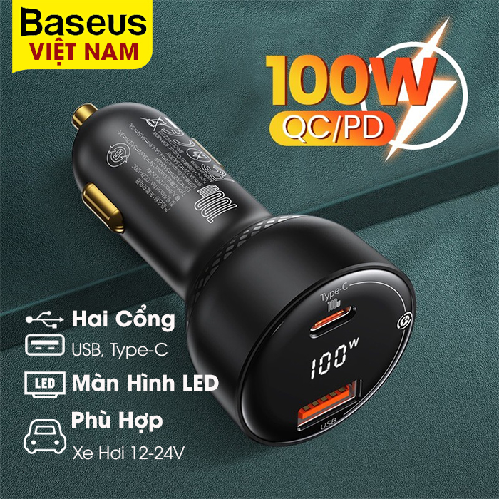 [BẢO HÀNH 18 THÁNG] Tẩu sạc Baseus hai cổng Type-C và USB, công suất 100W sạc nhanh cho laptop, điện thoại,...