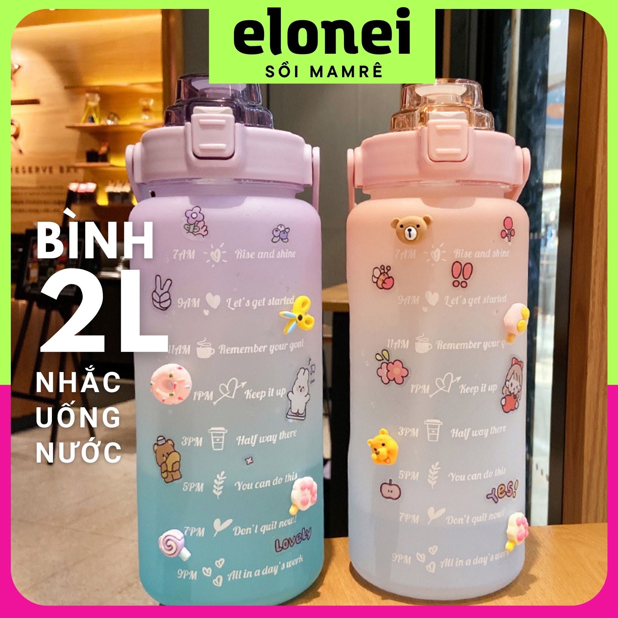 Bình nước 2L dành cho người lười uống nước, có vạch chia nhắc uống nước, Elonei tặng khăn siêu mịn