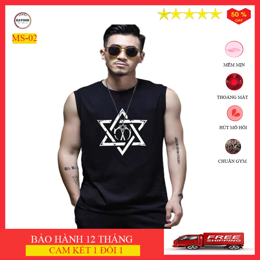 Áo ba lỗ nam sát nách cao cấp KATOMI - MS02- màu đen- in hình ngôi sao chất cotton  lạnh siêu mát ( thấm hút mồ hôi)-áo ba lỗ nam thời trang Hàn quốc