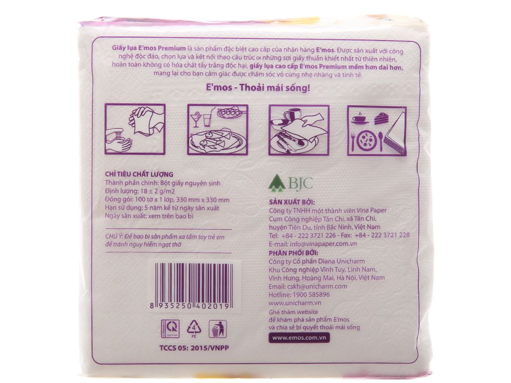 khăn giấy ăn e mos premium 1 lớp gói 100 tờ 33x33cm vuông lớn gấp 4 lại 3