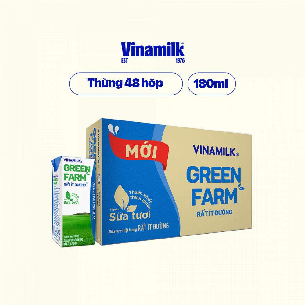 Thùng 48 Hộp Sữa Tươi Tiệt Trùng Vinamilk Green Farm Rất ít đường Lốc 4 Hộp 180ml