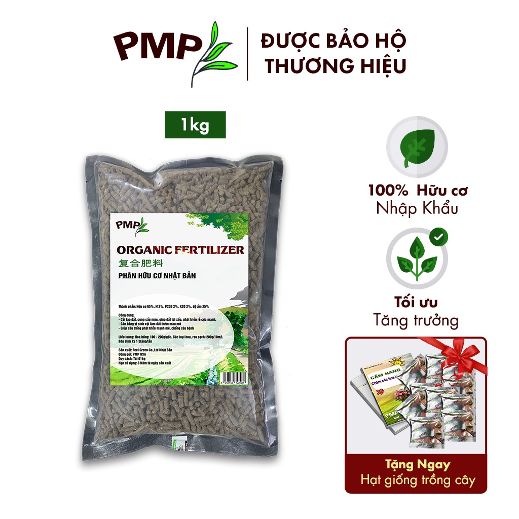 Phân Hữu Cơ Nhật PMP Dạng Viên Nén Tan Chậm Từ Nhật Bản, Chuyên Dụng Cho Hoa Hồng, Rau Sạch, Cây Cảnh 1Kg
