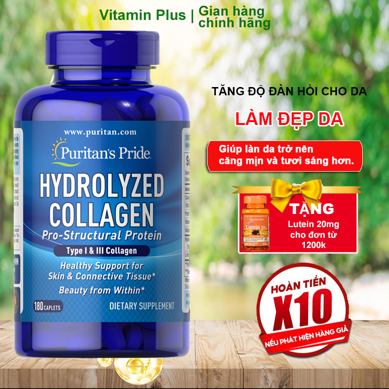 Viên uống đẹp da, mờ nám, chống lão hóa da, bổ sung Collagen thiếu hụt, giúp làn da trở nên căng mịn và tươi sáng hơn vitamin mỹ Collagen thủy phân Puritan's Pride Hydrolyzed Collagen 1000mg 180 viên