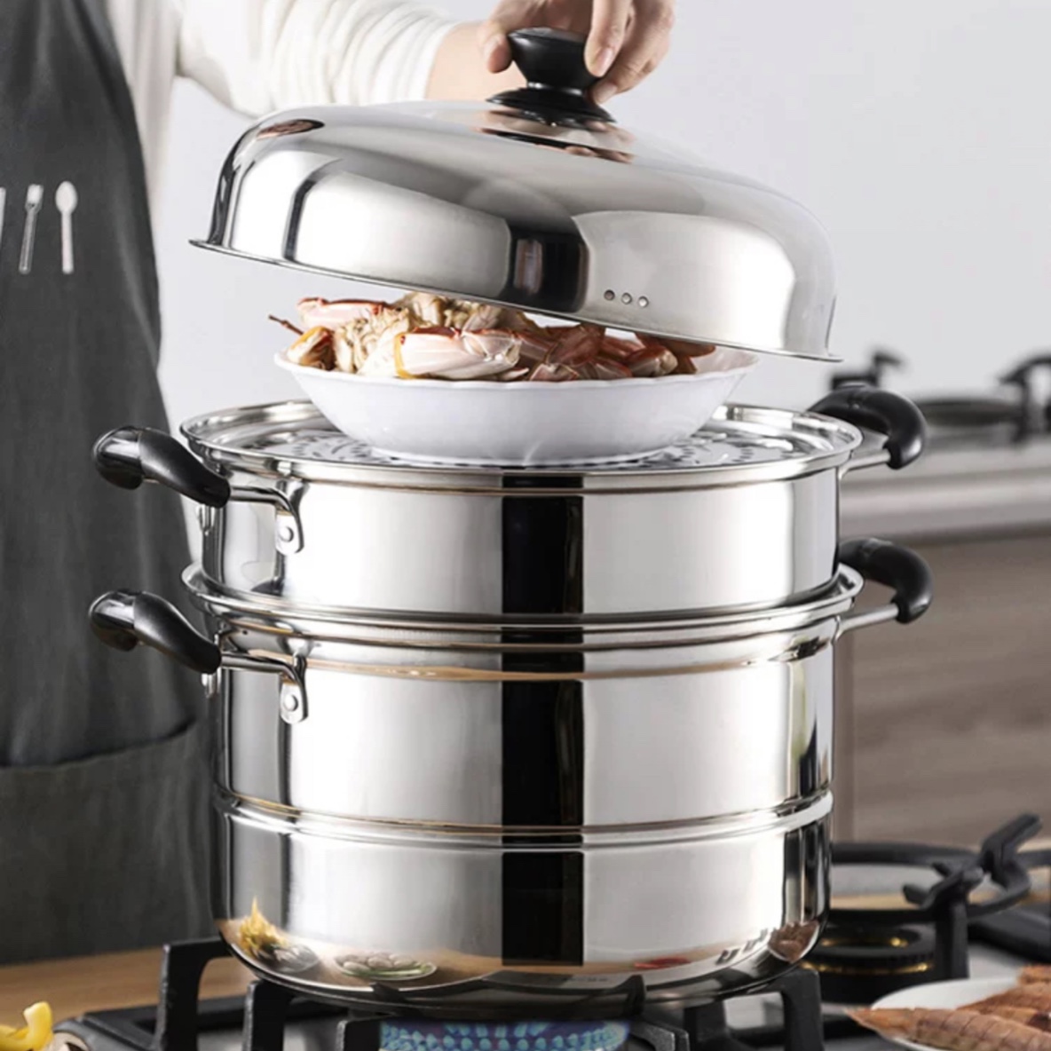 [Loại Lớn] NỒI NẤU LẨU KIÊM NỒI HẤP THỨC ĂN 3 TẦNG BẰNG INOX CAO CẤP KHÔNG GỈ CHUẨN HÀNG XUẤT NHẬT DÙNG ĐƯỢC TRÊN MỌI LOẠI BẾP - NỒI HẤP CÁCH THUỶ 3 TẦNG INOX 304 CHỐNG DÍNH HẤP BÁNH HẤP XÔI LUỘC THỨC ĂN SIÊU TỐC