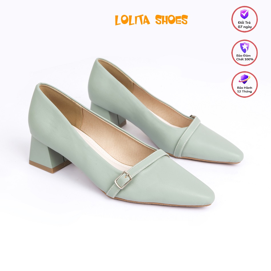 Giầy cao gót nữ da mờ cao cấp gót vuông 3p có đai nơ khoá
