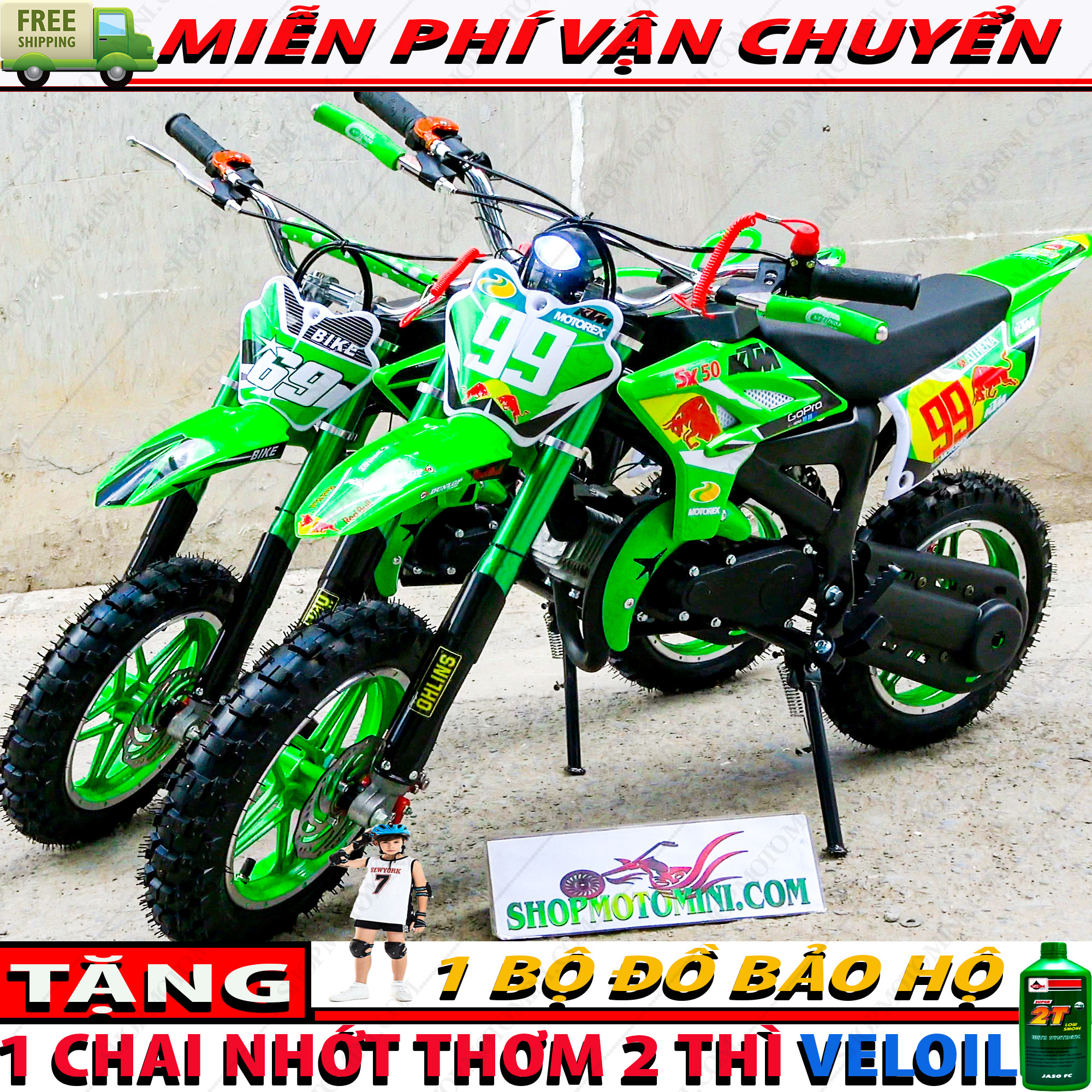 Xe cào cào mini 50cc bánh to team RedBull chạy động cơ xăng 2 thì