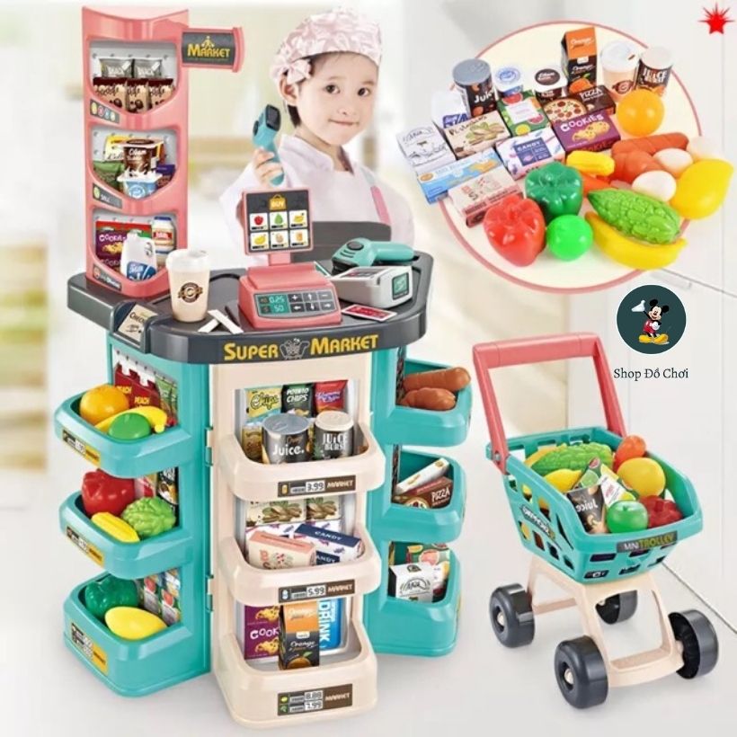 Đồ chơi siêu thị và xe đẩy siêu thị cỡ đại 47 chi tiết, dùng pin, có âm thanh và ánh sáng (mẫu mới 2020)