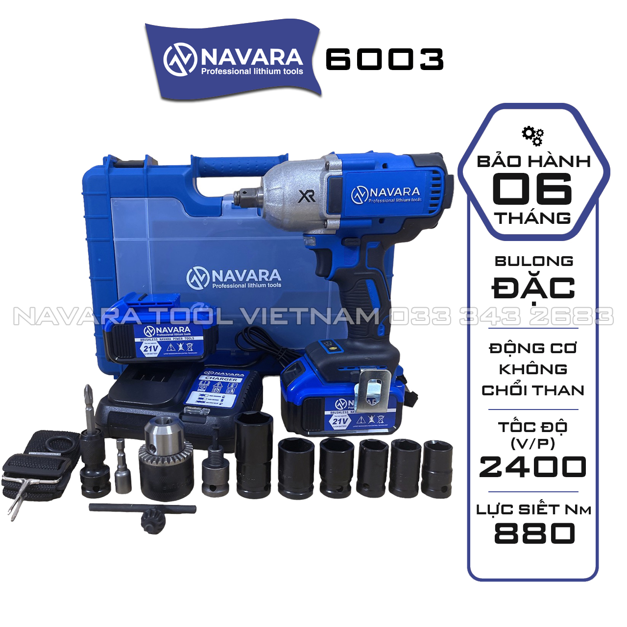 Máy siết bulong dùng pin navara 6003 động cơ không chổi than lực siết 880nm tặng bộ đầu chuyển đổi + 6 khẩu