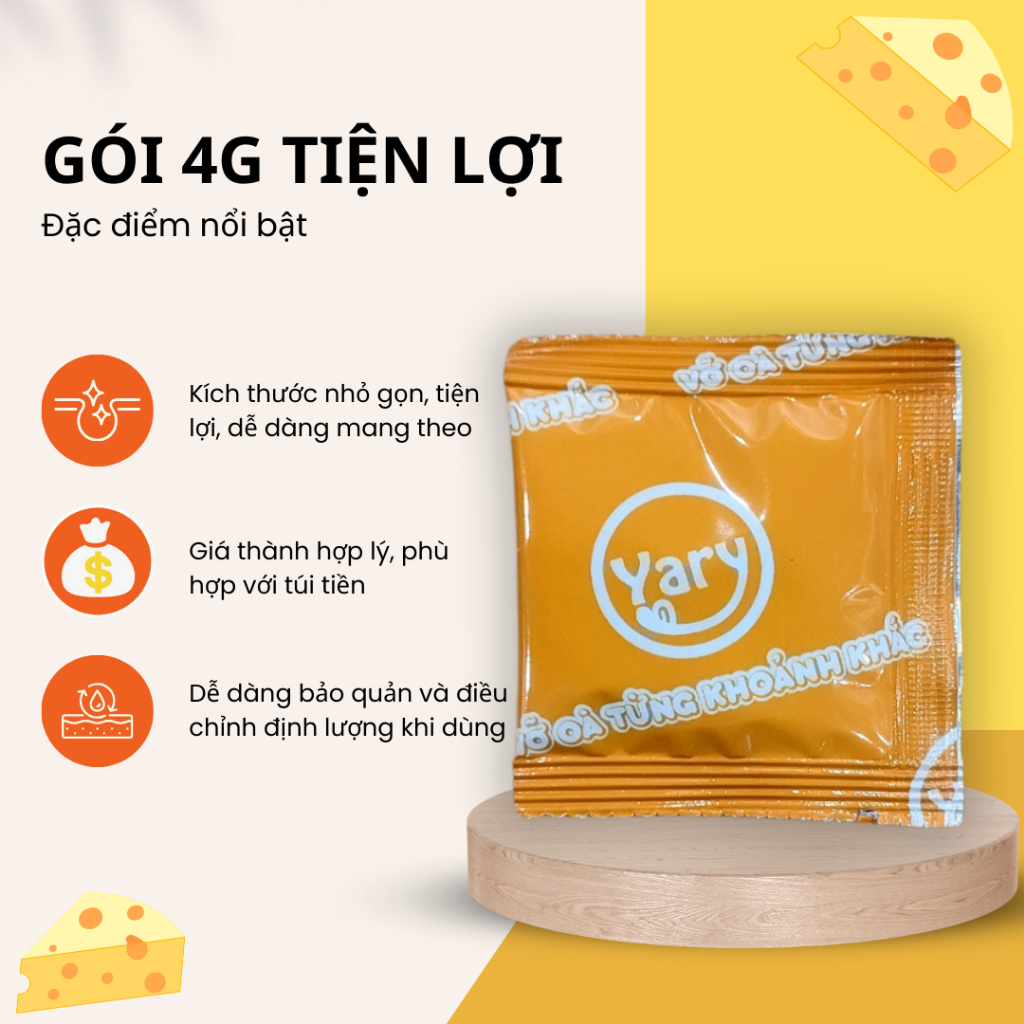 Gói 4gr bột phô mai yary, bột phô mai lắc khoai tây, gà rán, bột phô mai làm bánh, topping trà sữa, thạch, sữa chua