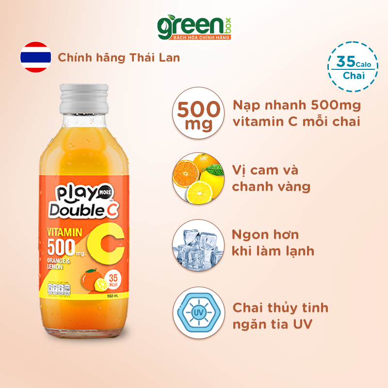 Lốc 6 chai nước uống nạp nhanh vitamin C Thái lan vị cam và chanh vàng chua ngọt Playmore Double C 160ml