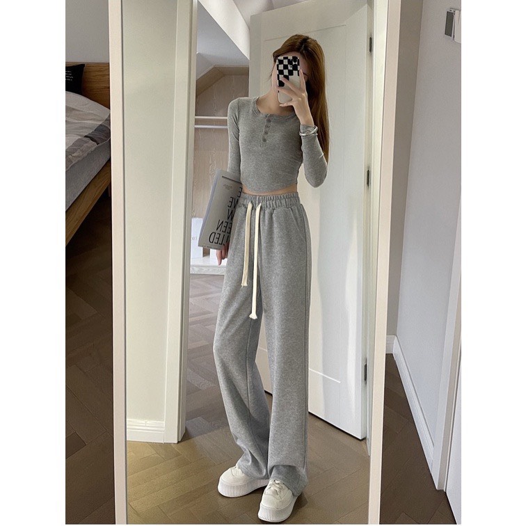 Quần nỉ ống rộng Ulzzang Unisex 5 màu, Quần culottes nữ ống suông chất nhung tăm dày dặn Okélla (Có ảnh Shop chụp)