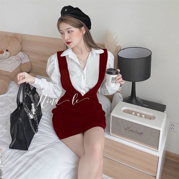 Set yếm hai dây phối áo sơ mi tay phồng, set đầm nhung tiểu thư đi tiệc, đi chơi form ngắn, áo sơ mi trắng