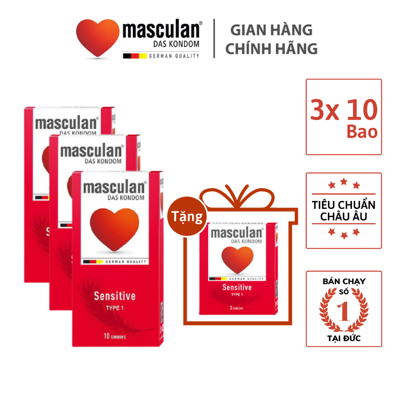 Combo 3 Hộp 10 Cái Bao Cao Su Masculan Sensitive - Mỏng Trơn Mịn Màng Cho Da Nhạy Cảm, Cao Cấp, Bao Cao Su Masculan Không Mùi Cao Su, Bán Chạy Nhất Tại Đức - Tặng Hộp 3 Bao Cùng Loại
