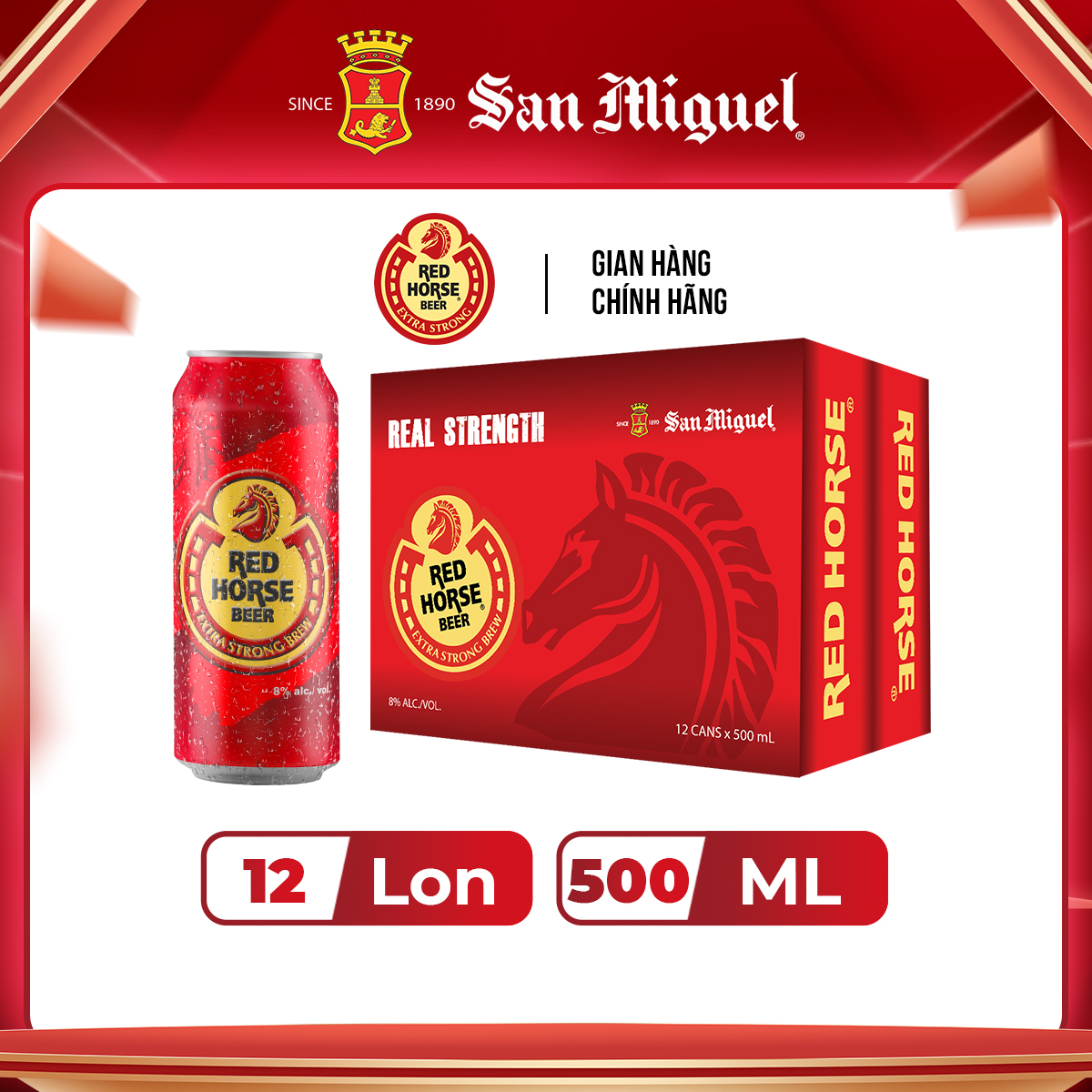 Thùng 12 lon bia san miguel red horse 500 ml