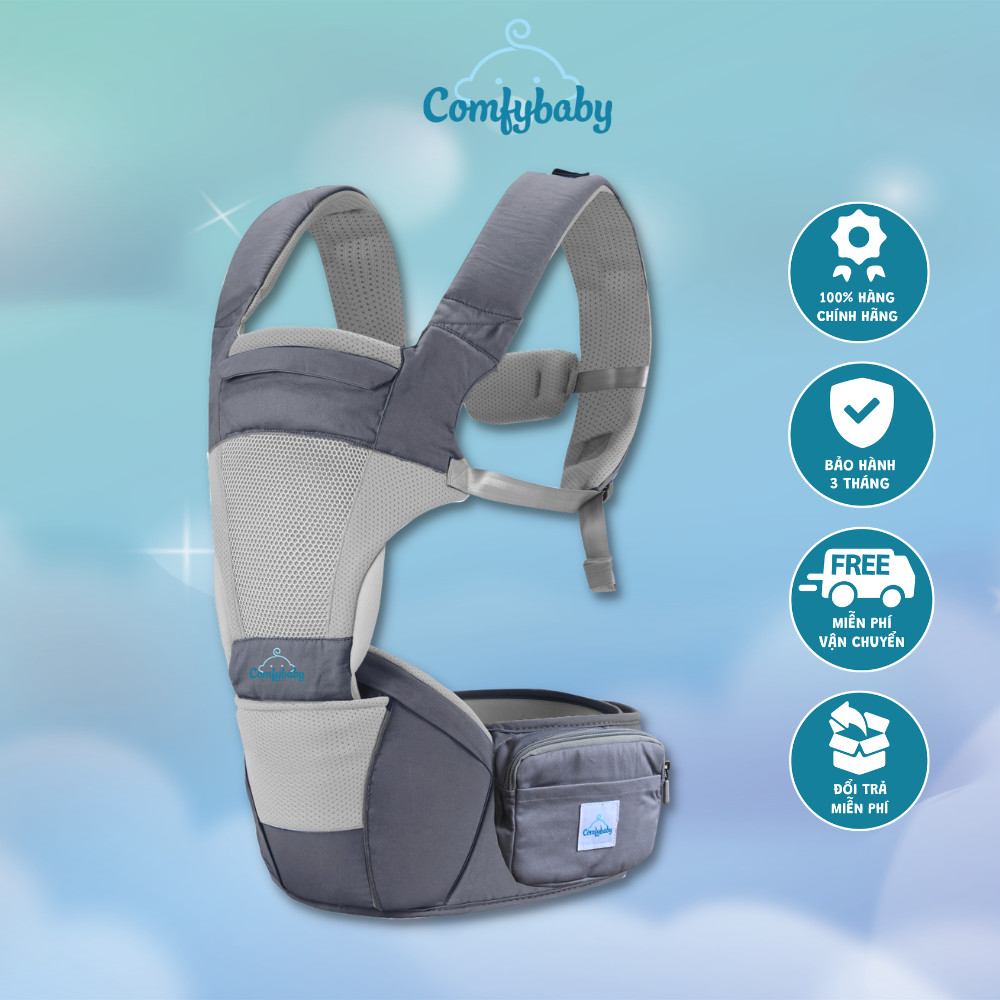 Địu em bé 4 tư thế công nghệ Air Mesh thoáng khí, chống vòng kiềng - Địu trợ lực cho bé có Hipseat (ghế ngồi) Comfybaby CF818