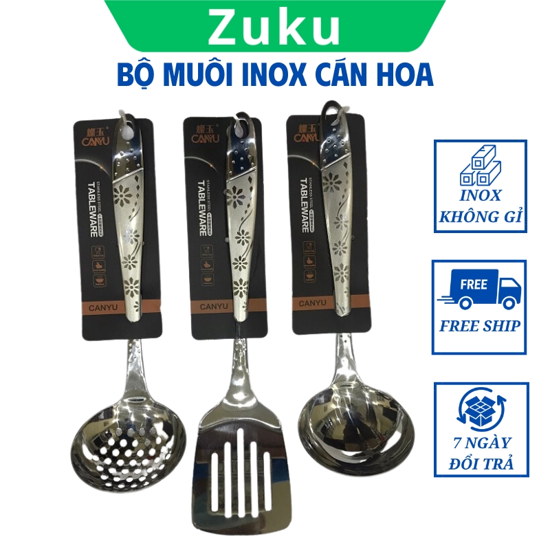 Muôi múc canh, môi thủng ăn lẩu, xẻng xào thức ăn, inox không gỉ họa tiết in chìm trên cán
