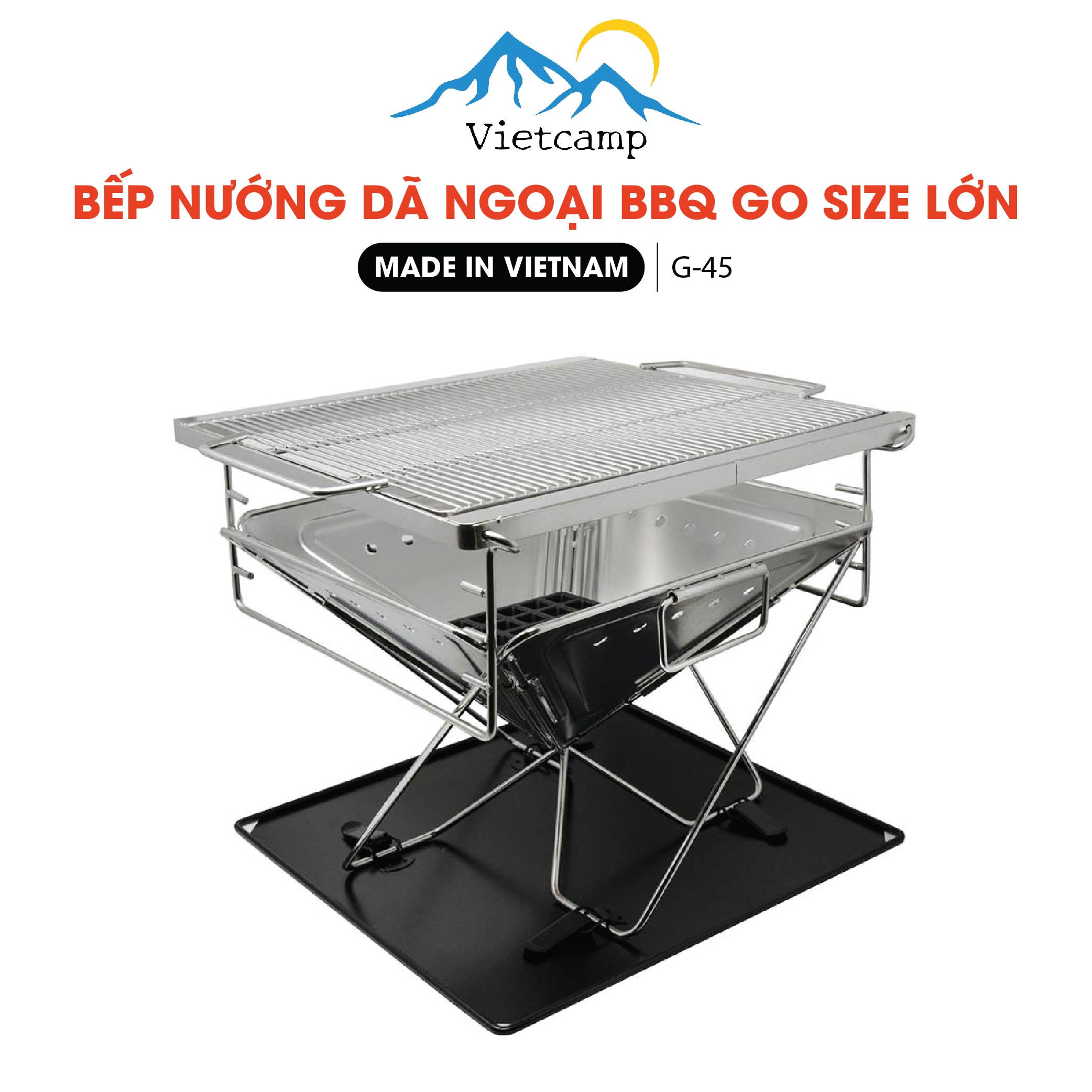 Bếp nướng than chống gỉ Made by Vietcamp - Inox 304 - Cỡ LỚN cho nhóm 6-10 người - 45x45cm - có thể xếp gọn