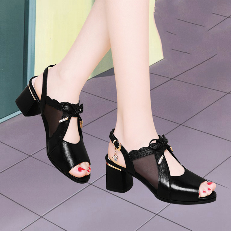 Giày gót vuông 5p nơ lưới xinh yêu