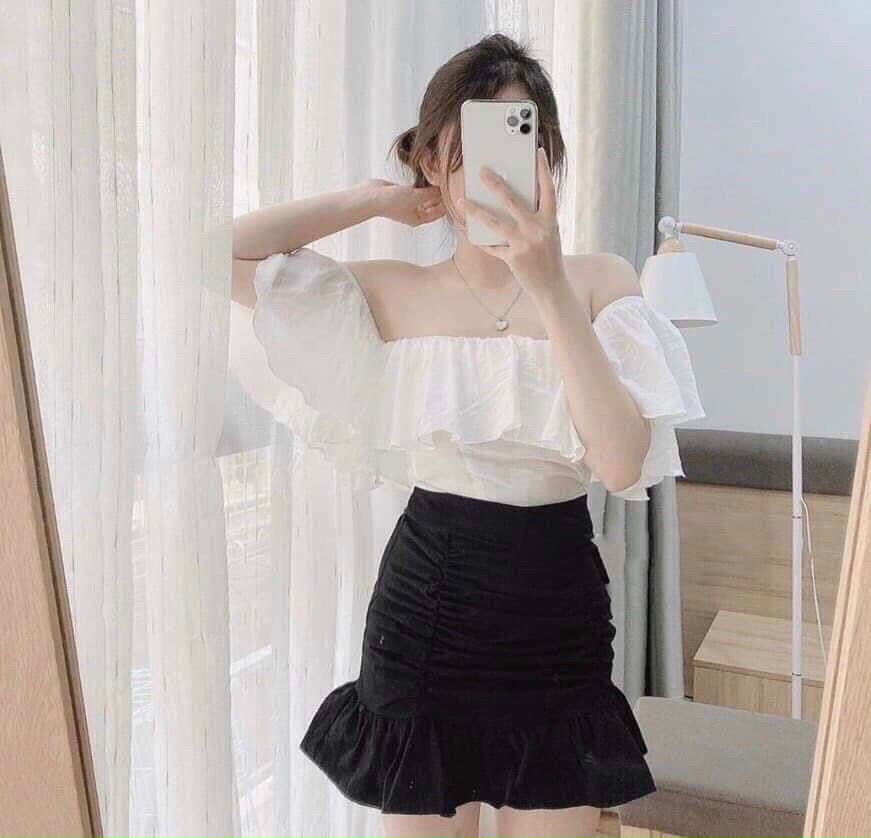 [ Voucher 50k Freeship Max 0 đồng toàn quốc ] SET ĐỒ BỘ MẶC ĐI CHƠI DỄ THƯƠNG ÁO TRỄ VAI CHÂN VÁY NGẮN XÒE ĐUÔI CÁ