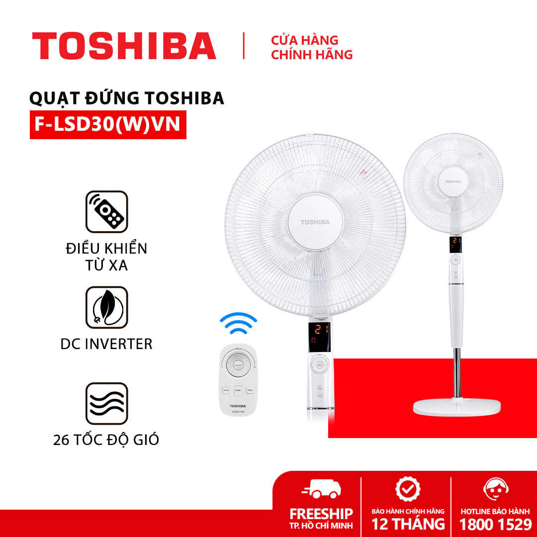 Quạt đứng Toshiba F-LSD30(W)VN - Điều khiển từ xa núm xoay vô cực - 9 cánh - DC inverter tiết kiệm điện 70% - Cảm biến nhiệt độ - Màn hình LED hiển thị - Hàng chính hãng, bảo hành 12 tháng, chất lượng Nhật Bản