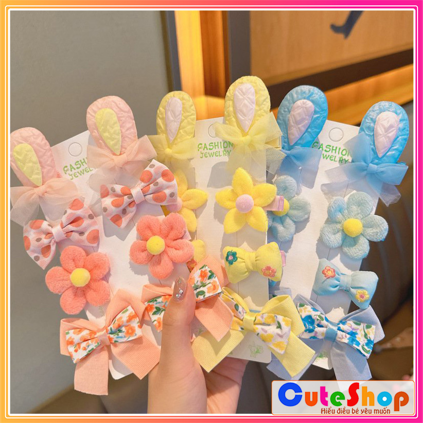 Sét kẹp cặp tóc bằng vải 8 món nhiều hình cute dễ thương cho bé gái