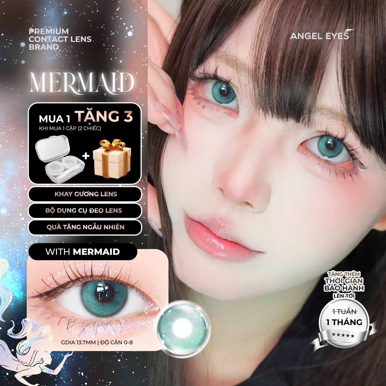 Lens xanh dương Mermaid thương hiệu Angel Eyes | Dia 14.5mm | GDia 13.7mm | Độ cận 0-8