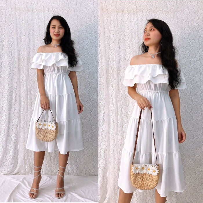 Đầm xòe bẹt vai form dài cổ phối bèo màu trắng, tùng 3 tầng trẻ trung, xinh đẹp, giá rẻ MS189 - Hình thật shop chụp