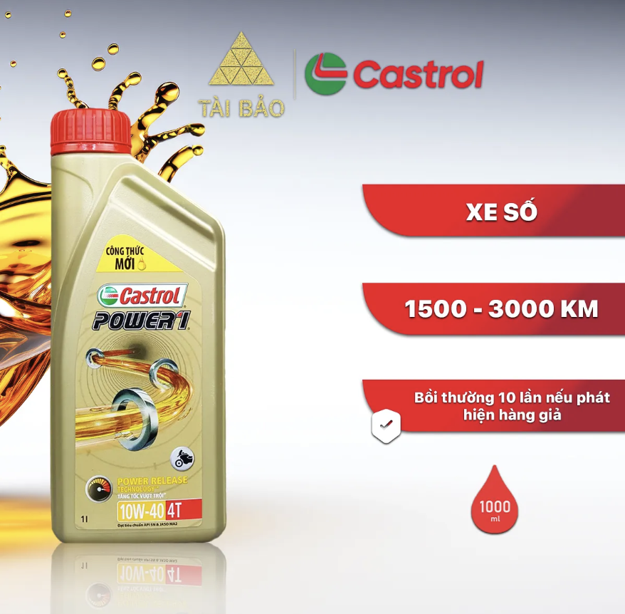 CASTROL POWER1 4T 10W40 SN Dầu nhớt xe số, xe máy tay côn honda (1000ml) - Chính Hãng Tài Bảo