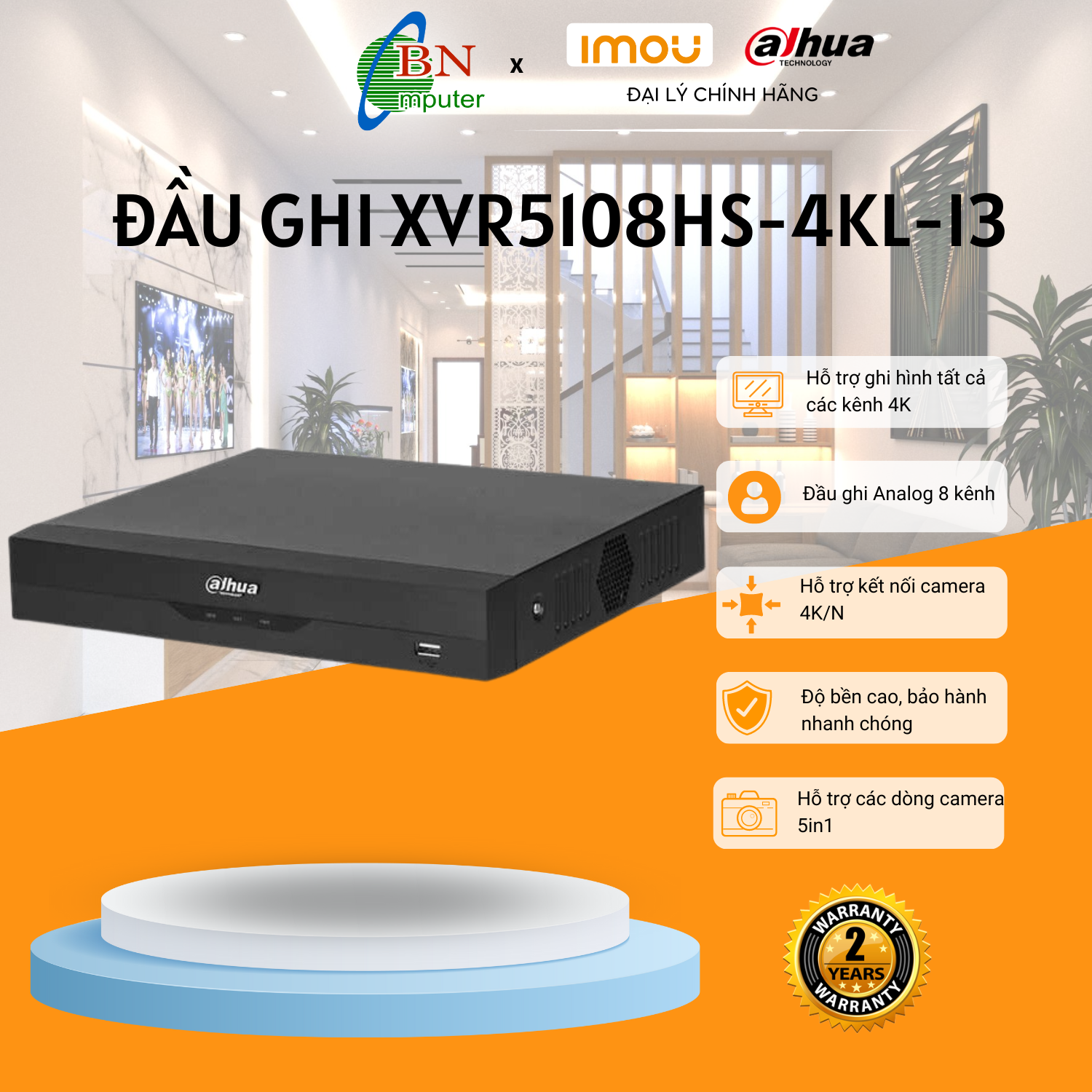 Đầu ghi hình camera 8 Kênh 5IN1 Dahua XVR 5108HS-4KL-I3 đầu 8 Kênh 4.0MP - 4K, tem Dss mã tích hợp tất cả các kênh có mic