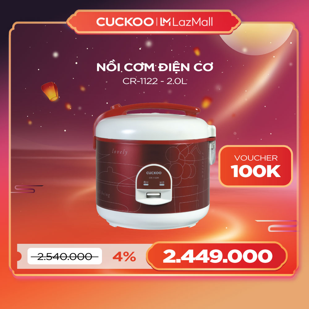 Nồi cơm điện Cuckoo 2.0L CR-1122 Màu đỏ - Giữ ấm tối đa, lòng nồi chống dính- Phiên bản Quốc tế - Hàng chính hãng Cuckoo Vina