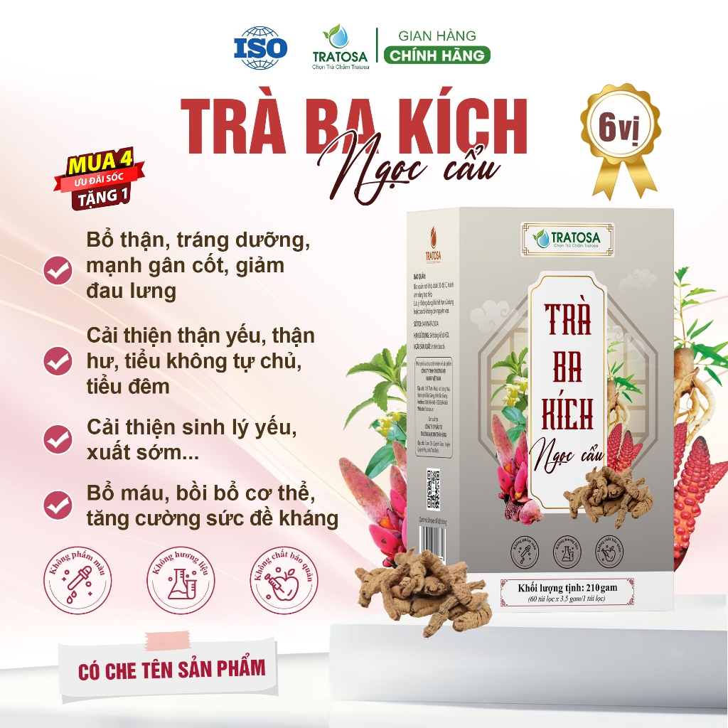 Trà ba kích ngọc cẩu TRATOSA 6 vị giúp bổ thận, tráng dương, cải thiện thận yếu, đau lưng, tiểu đêm, ngăn ngừa xuất tinh sớm 60 túi lọc