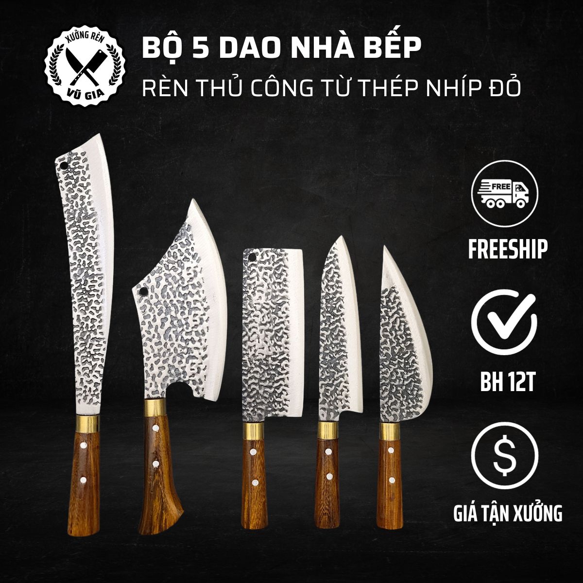 Bộ dao nhà bếp thép nhíp - dập vân 2 mặt, dùng chặt cây, chặt xương, thái gọt