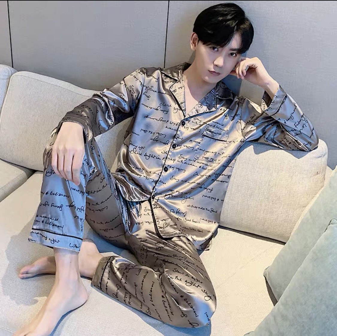 Đồ bộ nam pijama mặc nhà chất liệu lụa mềm sang trọng dài tay mẫu 723 màu bạch kim